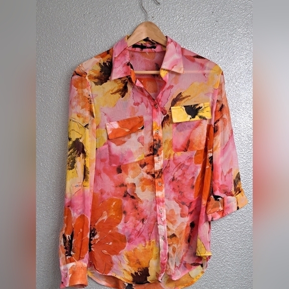 Fever Multi Colored Floral Sheer Blouse     Size M - Picture 9 of 12